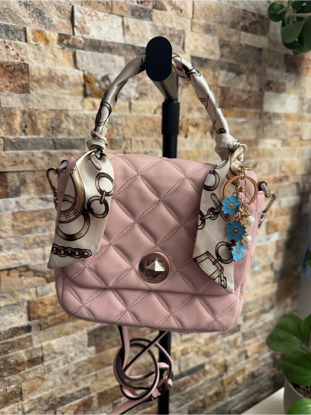 Kate Spade Quilted Pink Top-Handle Shoulder Bag with Scarf Accent
